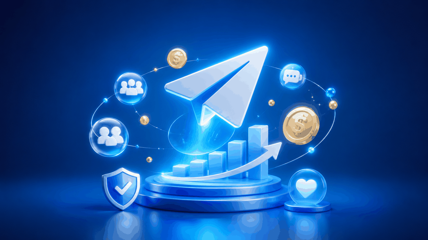 3D illustration of a glowing Telegram-style paper plane above a rising chart, surrounded by icons for community, chat, trust and monetization on a deep blue background.