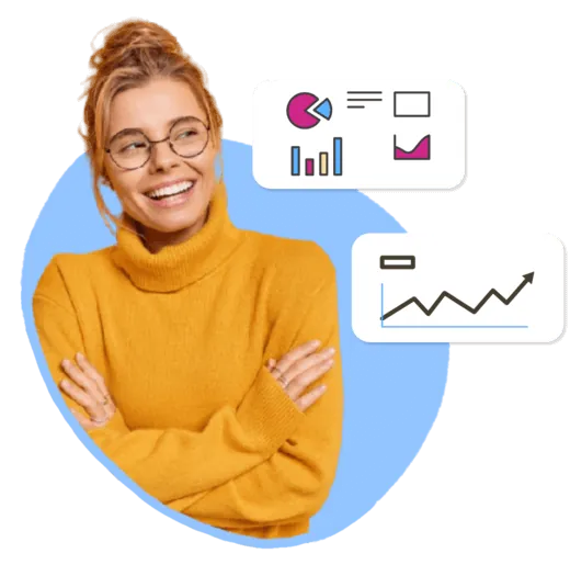woman wearing glasses looking at graphs that are positive