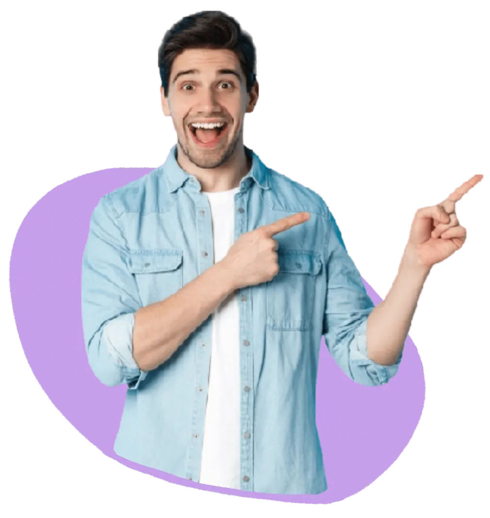 man in blue smiling and pointing to the right